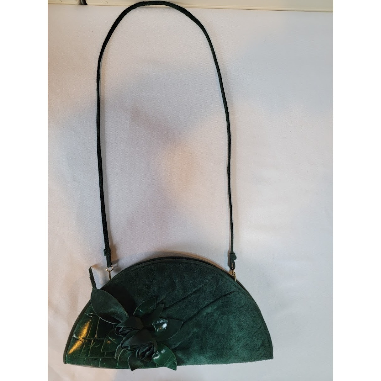 Vtg Womens Emerald Green Suede  Leather Crossbody Clutch Bag